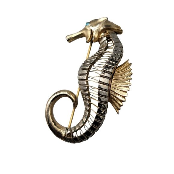 Seahorse Brooch Silver & Gold Tone Blue Rhinestone Eye Vintage Nautical Piece - Picture 2 of 8